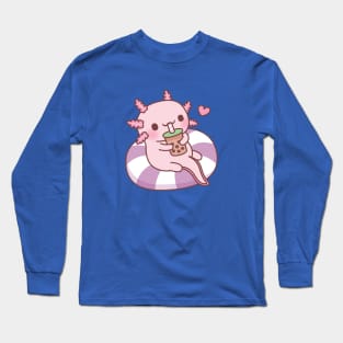 Cute Axolotl Chilling On Pool Float Drinking Boba Tea Long Sleeve T-Shirt